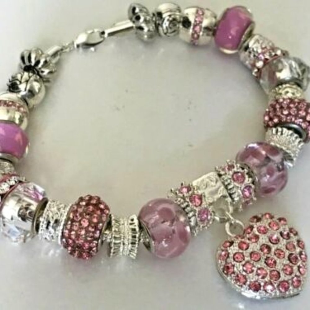 European Style Snake Chain Silver Plated Bracelet with Beads, 9" Long